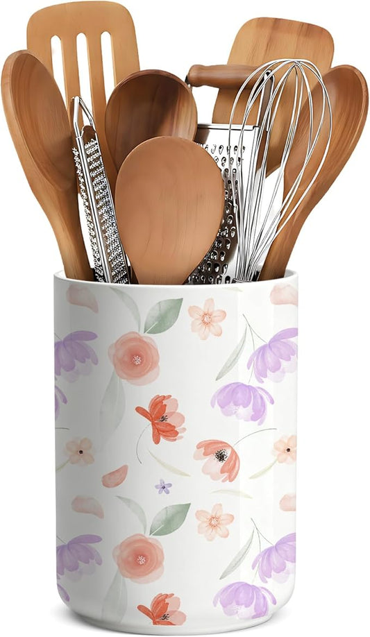 Wildflowers Utensil Holder,Countertop Ceramic Utensil Holder,Large Cooking Utensil Crocks for Kitchen Counter Decor,Ceramic Vase for Kitchen Utensils,6.3"+4.7"(Flower Language)