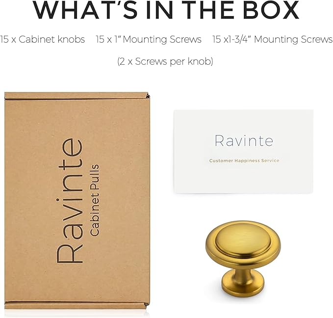 Ravinte 15 Pack Brushed Brass Cabinet Pulls - 1-1/4 inch Kitchen Cabinet Knobs and Drawer Pulls for Dresser Drawers