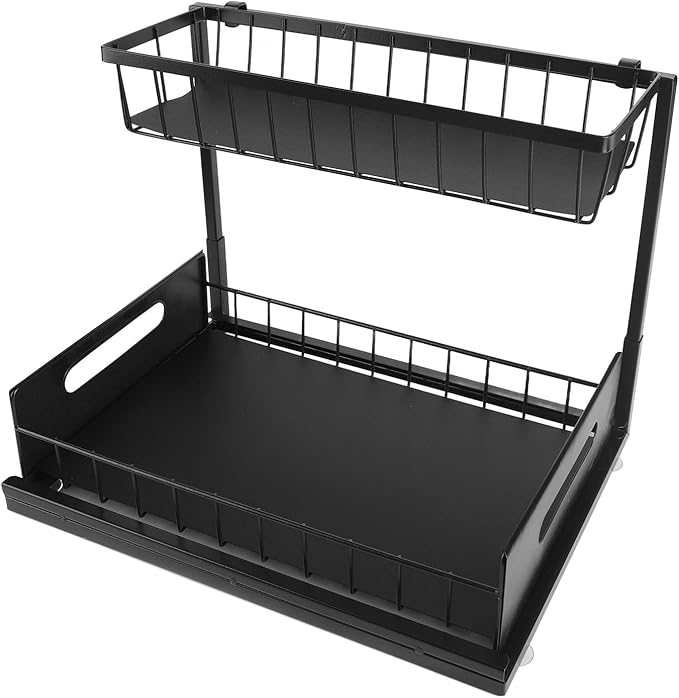 Under Sink Organizer L Shape 2 Tier Slide Out Sink Shelf, Under Sink Storage Organizer with Slide Out System, Carbon Steel Under Sink Shelf for Kitchen Bathroom, Includes