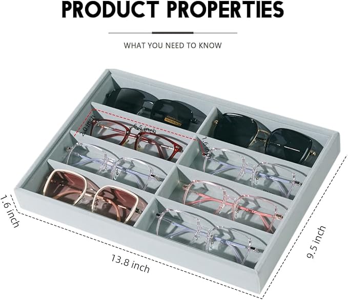 Glasses Holder Box Drawer Sunglass Organizer for Men Clear Wide Storage Case 8 Slots Multiple Reading Glasses Display, Gray Velvet