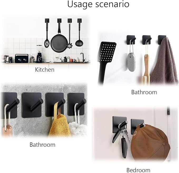EDMILE Adhesive Towel Hooks 6 Pack, Bath Towel Hooks, Adhesive Wall Hooks for Bathroom Coat Robe Kitchen, Stainless Steel self-Adhesive Hooks, Black