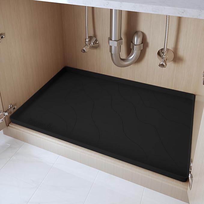 Vangostella Heavy Duty Silicone Under Sink Mats for Kitchen Waterproof 31" x 22", Extra Thick Under Sink Rubber Mat Drip Tray, Raised Edge Under Sink Liner,Prevent Drips, Leaks, Spills,Black
