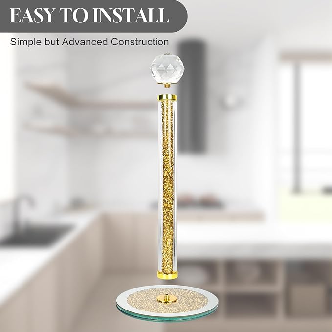 Decorative Paper Towel Holder, Gold Crystal Paper Towel Dispenser, Crushed Diamond Home Decor Toilet Roll Holder Stand with Heavy Base, Freestanding Paper Holder for Kitchen, Bathroom (Round/Gold)