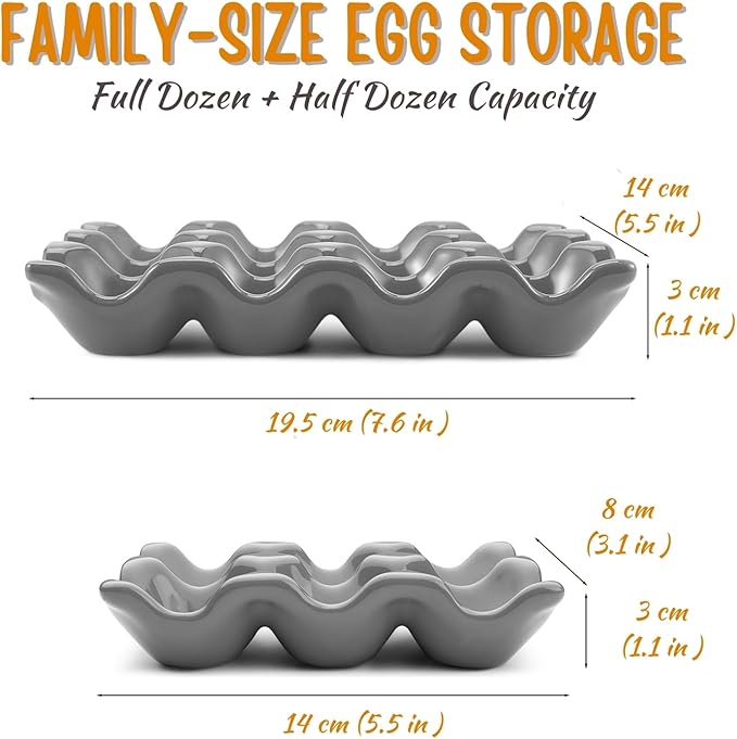 Flexzion 12 Cups Ceramic Egg Holder for Fridge - Dozen Ceramic Egg Tray Porcelain Container Storage Organizer Decorative Serving Stand Serveware for Refrigerator Countertop Display (Gray, 2 Pack)
