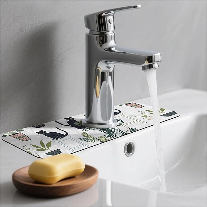 Kitchen Sink Splash Guard，Cats and potted plants Faucet Mat Sink Gadgets-Super Absorbent Fast Drying Mat Drip Catcher for Kitchen, Bathroom,Sink Mat, Dish Drying Mat, Bathroom(15" X 5.5" )