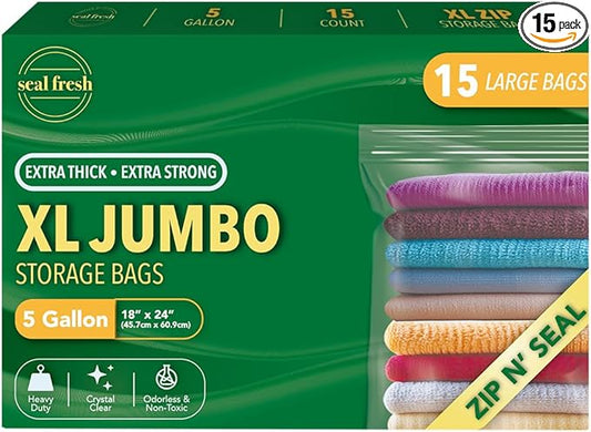 Seal Fresh 5 Gallon Large Plastic Storage Bags – 18" x 24" (15 Count) – Reusuable XXL Extra Large Heavy Duty Clear Jumbo Freezer Zip Bags with Sealable Zipper Top For Clothes, Travel, Moving