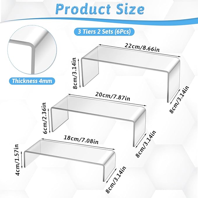 6 Pcs Clear Acrylic Risers Display Stands, 3 Sizes/Set Thickening Transparent Cabinet Riser Shelves Dessert Holder for Manga, Cupcake, Collectibles, Perfume, Retail Shop Showcase (7”/ 8” / 9”)