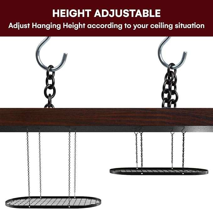 Vdomus Heavy-Duty Hanging Pot Rack - 33x17 Inches - Stylish Black Alloy Steel Ceiling Storage with 15 Hooks - Organize Kitchen Cookware and Utensils - Space-Saving Mounted Overhead Holder