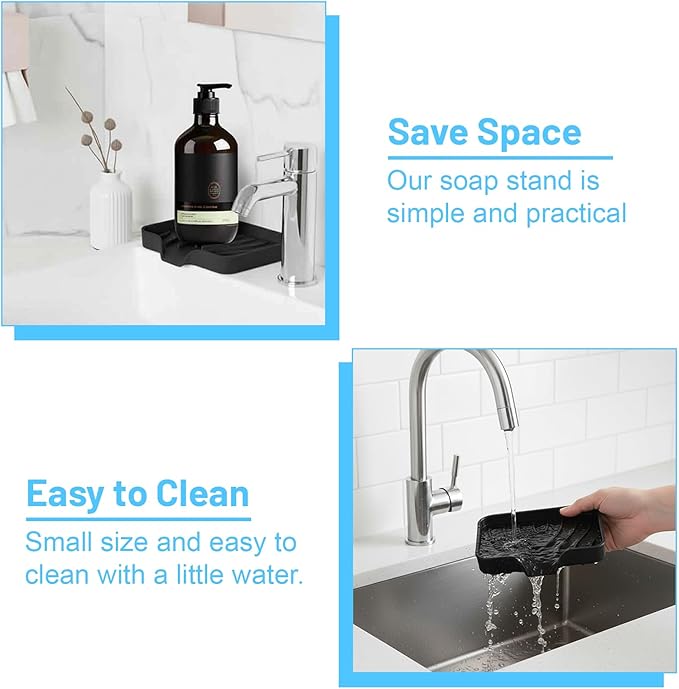 Grevosea Kitchen Sink Sponge Holder, Silicone Dish Sponge Holder with Drain Spout Soap Dish Tray for Shower Bathroom Scrubbers Kitchen Sink Organizer Accessories (Black)