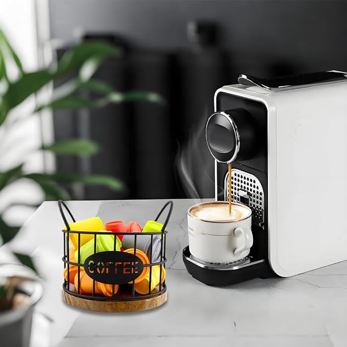 2 Pack Coffee Pods Holder for Countertop, Coffee Pods Storage Black Wire Basket with Wooden Base K Cup Holder Organizer Pod Container for Kitchen Countertop, Cafe Bar Organizer, Office Desktop