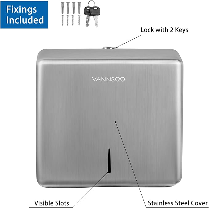 Commercial Paper Towel Dispenser Wall Mount, Brushed Stainless Steel Paper Towel Holder for Bathroom, Large Capacity 250 C-fold/Tri-fold/Multifold