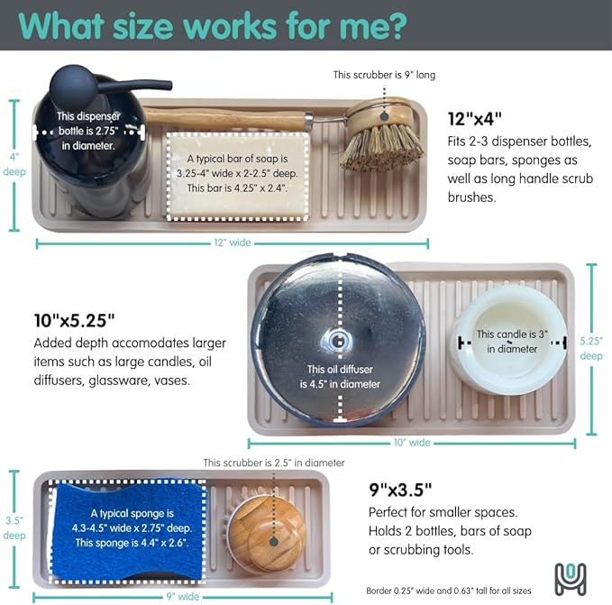 Happitasa Silicone Kitchen Sink Organizer Tray, Sponge Holder and Countertop Protector | Bathroom and Kitchen Soap Dish and Dispenser Tray (Mocha, 12"x4", 9.2 Ounces)
