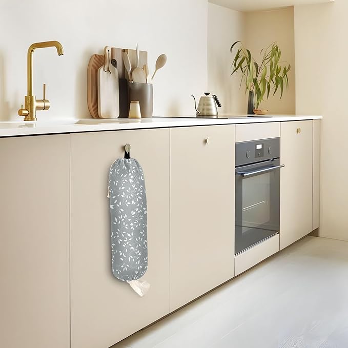 1 PC Plastic Bag Holder Wall Mount Grocery Bag Holder Shopping Bag Trash Bag Storage Organizer Dispenser for Kitchen Closet 22 x 9 Inch Leaves Grey
