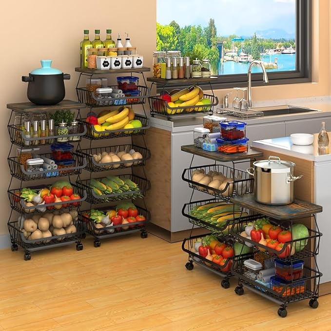 Metal Wire Baskets with Wheels, Stackable Storage Organizer for Kitchen, Bathroom, Office, Fruit & Vegetable Cart, Tableware Rack with Wooden Top
