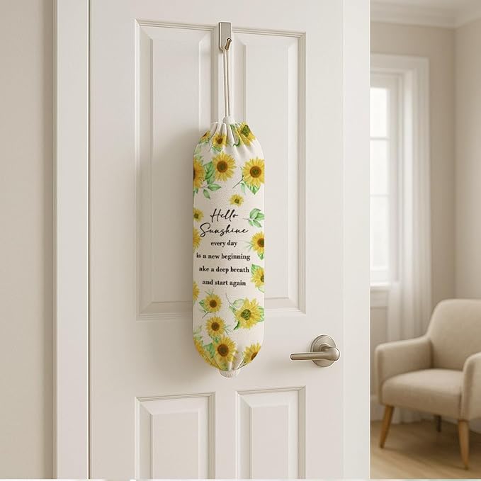 Sunflower Plastic Bag Holder, Hello Sunshine Plastic Bag Holder for Kitchen Essentials, Bags Holders for Plastics Bags Groceries Store, Floral Reusable Trash Sack Storage Dispenser to Home Decor