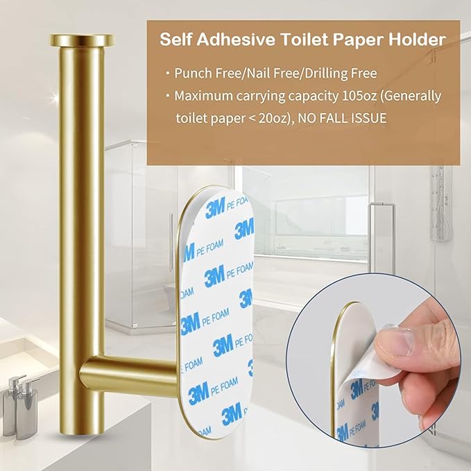 Toilet Paper Holder - Self Adhesive Toilet Paper Holder Wall Mount for Bathroom, SUS 304 Stainless Steel Command Strip Toilet Paper Roll Holder Stick On Wall, No Drilling - Brushed Gold