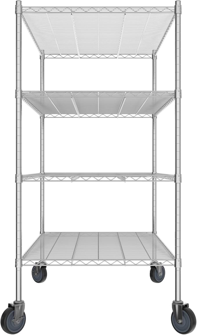 Commercial NSF Listed Chrome Mobile Wire Shelving Kit 30" x 48" x 60", with 4 Shelves Perfect for Warehouse, Walk-in Refrigerator, Freezer, Grocery Store, Restaurant, Dishroom