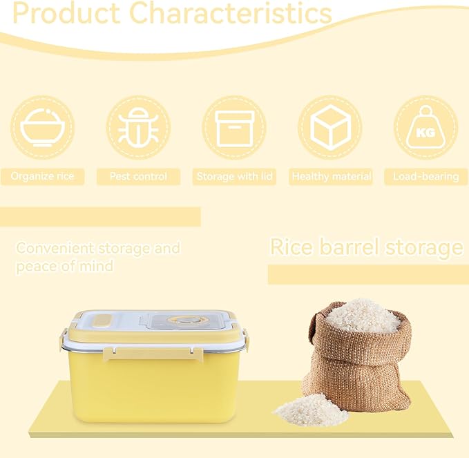 Airtight Stainless Steel Food Storage Container 20lb - Kitchen & Pantry Canister for Rice, Flour, Sugar, Baking Supplies with Measuring Cup & Spoon (Yellow)