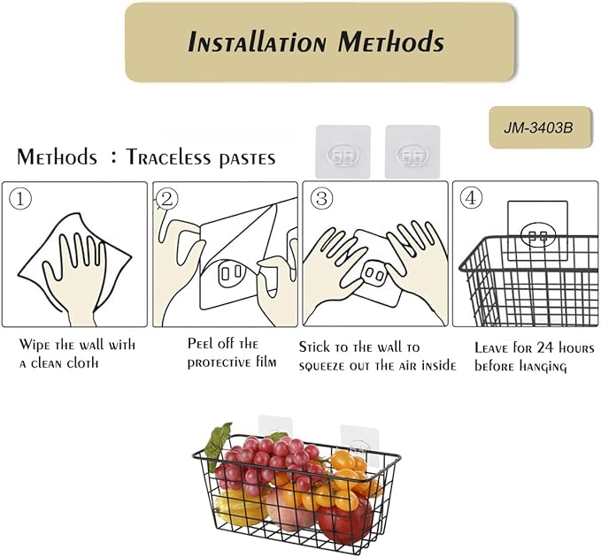 JUNCHU CHERRY 4 Pack Hanging Sorage Basket, Bathroom Basket, Household Goods, with Traceless Tape, no Drilling, for Cabinet Storage, Kitchen, Bathroom, Storage Room,Black
