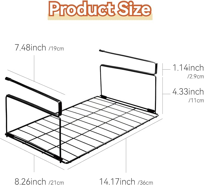 Under Shelf Basket Storage 1 Pack Black | Space-Saving with Extra Layer | Lightweight & Quick to Install | Non-Slip | 14.8" D x 8.46" W