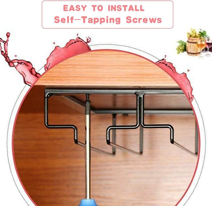 Wine Glass Rack - Under Cabinet Stemware Wine Glass Holder Glasses Storage Hanger Metal Organizer for Bar Kitchen Black