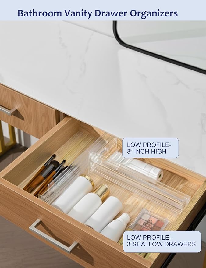 5 Pack Clear Drawer Dividers with Adhesive Pads - Adjustable Crystal Transparent Organizer for Clothes, Kitchen, Bathroom & Makeup - 3 Inch High Expandable Separators for Shallow Drawers