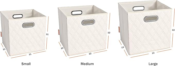 FH Group JIAessentials 13" Faux Leather Foldable Storage Cube Bins Set of 2 – Beige Diamond Patterned Organizers with Handles for Closet & Shelves