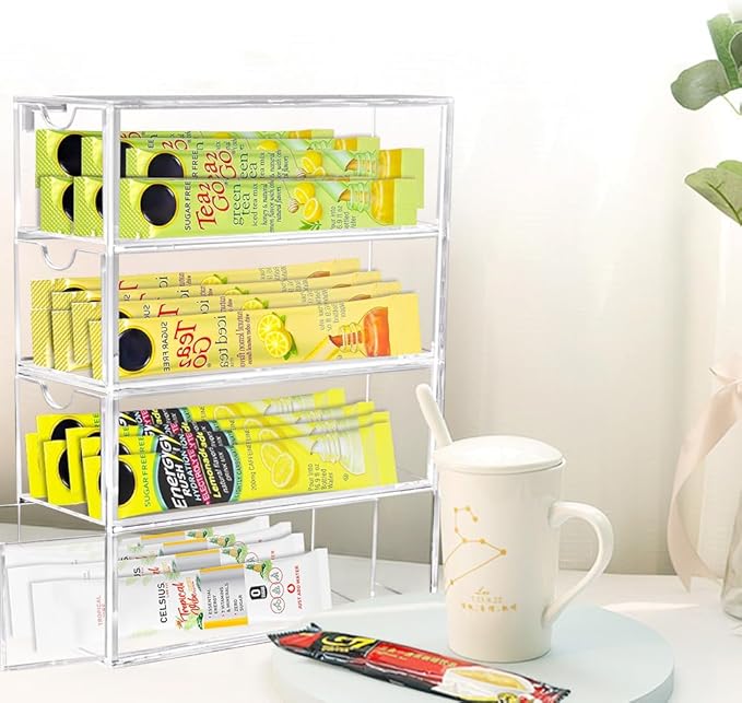 2 Pack Drink Packet Organizer, Acrylic Drink Mix Holder with 4 Clear Drawers Water Flavor Packets Container for Kitchen Pantry Home Organization (2 Pack)