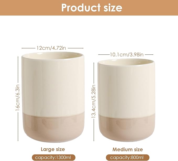 Ceramic Utensil Holder Set, 6.3''+5.3'' Cooking Utensil Crocks for Kitchen Counter, Modern Design Cooking Tool Organizer Set of 2, 800ml+1300ml Ideal for Spatula, Cutlery, Makeup, Flower Vase