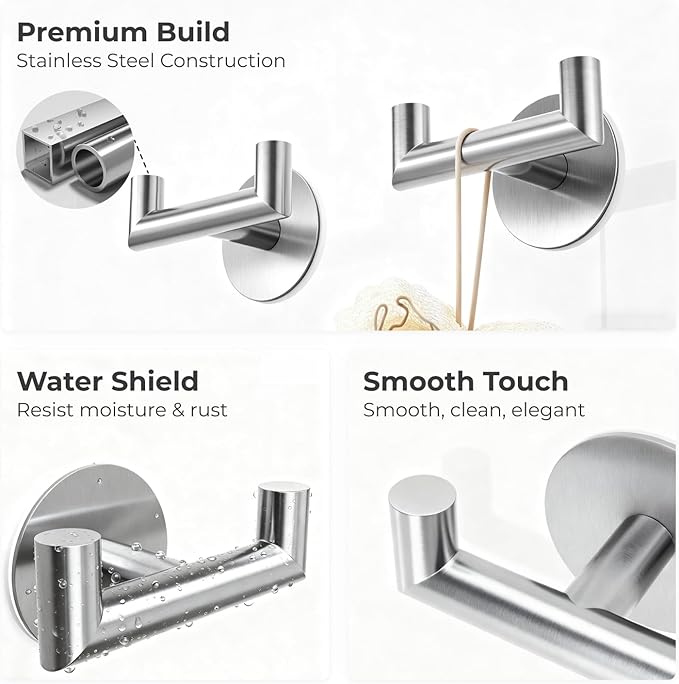 GWAAZXGZ 2 Pack Brushed Nickel Bathroom Hooks for Towels - Self Adhesive Double Hooks for Wall, No Drilling, Stainless Steel 304, Strong Hold for Robes, Coats, Shower Use