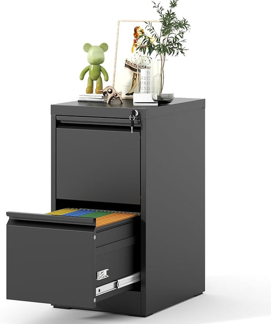 2 Drawers File Cabinet, Vertical File Cabinets with Lock for Home Office,Heavy Duty Office Steel Filing Cabinet for Hanging Letters/Legal/A4, Assembly Required,Black