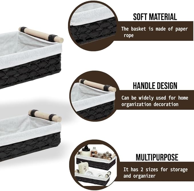 Set of 2 Black Paper Rope Storage Baskets with Wood Handles and Liner – Handwoven Decorative Organizer Bins for Bathroom Vanity, Countertop, Shelf & Small Home Storage