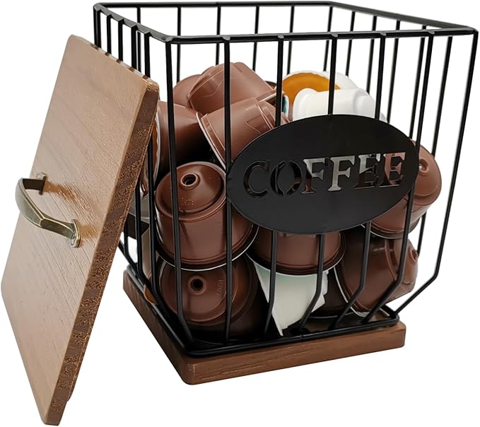 Square Coffee Pods Holder with Wooden Lid and Base,Large Capacity Wire Coffee Pods Storage Basket for Home Cafe Bar Countertop Decor(Black)