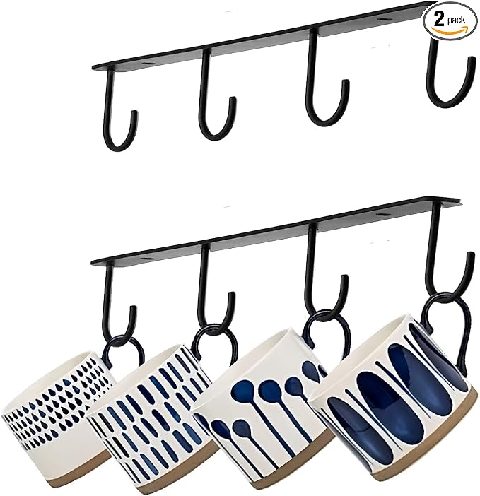 Mug Holder Under Cabinet 2pcs Coffee Mug Rack Metal Mug Organizer Under Shelf Mug Hanger Storage with 8 Hooks for Bar Kitchen Utensils/Coffee/Tea Cup Black