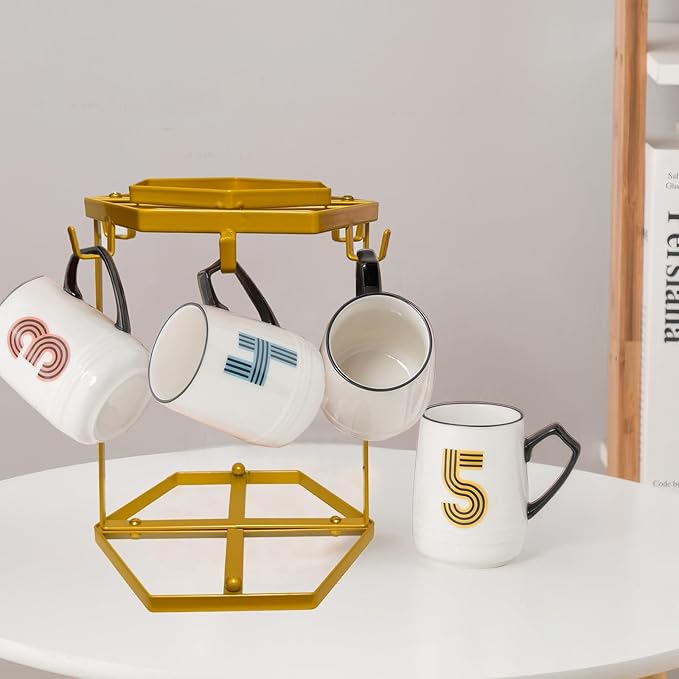 Coffee Mug Holder Countertop,Muted Golden Yellow Metal Coffee Cup Holders for Counter,Warm Dark Gold Mug Stand Rack for Counter Top 6 Hooks(Hexagon,Muted Gold)