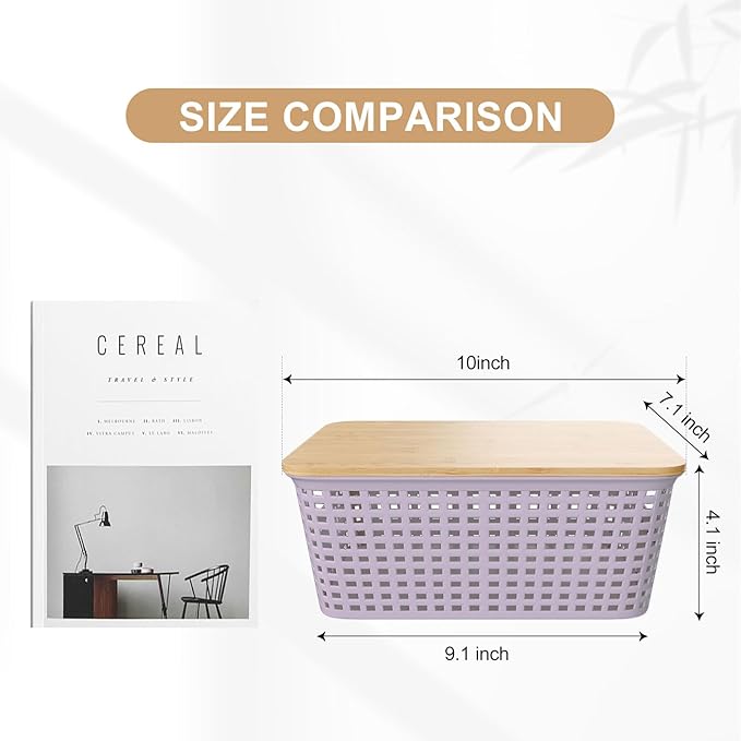 Plastic Storage Bins with Bamboo Lid - Pantry Storage Baskets with Lid - Stackable Container with Lable for Organizing Small Storage Box for Shelves Office Cabinet Drawer Closet 9x7x4 In - Purple 6Pcs