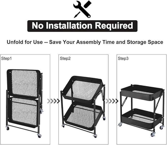 Melody House 2-Tier Metal Folding Rolling Cart, Mobile Utility Cart Trolley Storage Organizer for Office Home Kitchen Organization, Sofa Side End Table with Wheels, Black