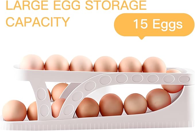 Egg DispenserAutomatic Rolling Egg Tray Organizer,2Tiers,Holds 15 Eggs Simultaneously,Space Saving Refrigerator Egg Roller,Works in The Refrigerator,Kitchen,Cabinets,Dining Table (White)