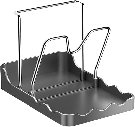 Pot Lid Holder for Kitchen Countertop - 2-in-1 Pot Lid Organizer with Spoon Rest and Rag Holder, PP + Stainless Steel Storage Rack, Grey(B)