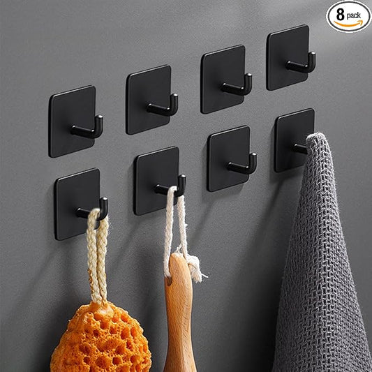 EDMILE Adhesive Hooks for Hanging, Self-Adhesive Wall Hook for Key Hat Coat, No Drill Stick on Bathroom Towel Hooks, Shower Kitchen Door Home Outdoor 8 Pack, Black