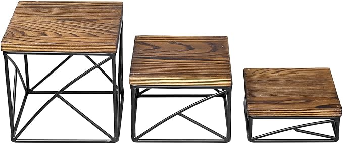 MyGift Modern Tabletop Square Dessert Stand Risers, Cake and Appetizer Display Nesting Pedestals with Rustic Brown Wood Top Shelf and Metal Wire Base, Set of 3