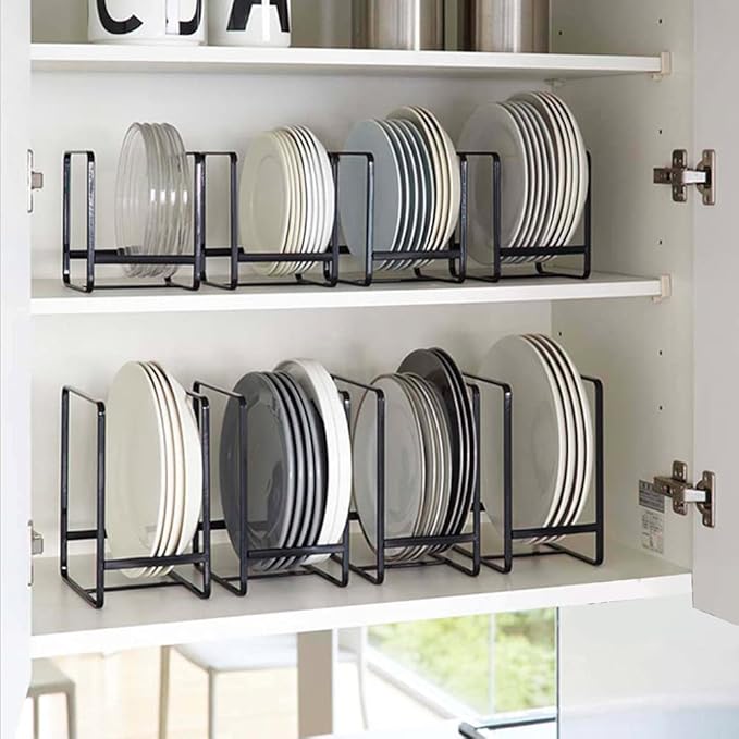 2PCS Plate Holders Organizer, Metal Dish Storage Dying Display Rack for Cabinet, Counter and Cupboard - Black， Small and Large