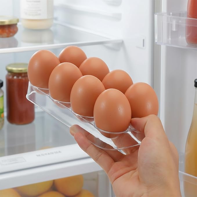 2 PCS Clear Egg Holder for Fridge, Durable Plastic Egg Storage Container Tray, Compact Kitchen Organizer Rack for Countertop, Holds 8 Eggs