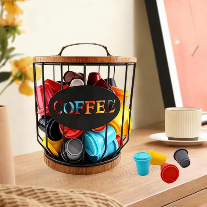 2 Pack Coffee Pod Holder with Lid Coffee Pods Storage Black Wire Coffee Storage Basket Large Capacity K Cup Holder with Wooden Base for Kitchen Countertop, Cafe Bar Organizer, Office Desktop