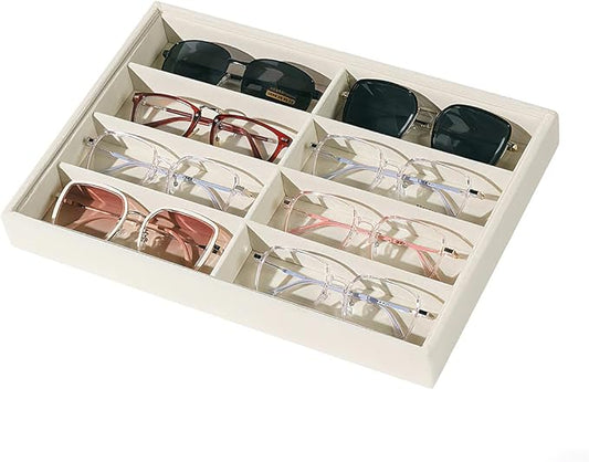 Glasses Holder Box Drawer Sunglass Organizer for Men Clear Wide Storage Case 8 Slots Multiple Reading Glasses Display, Beige Velvet