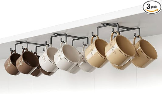 ECROCY Mug Hooks Under Cabinet Space-Saving, Easy Screw Mounting, Metal Coffee Cup Hooks 3 Pack