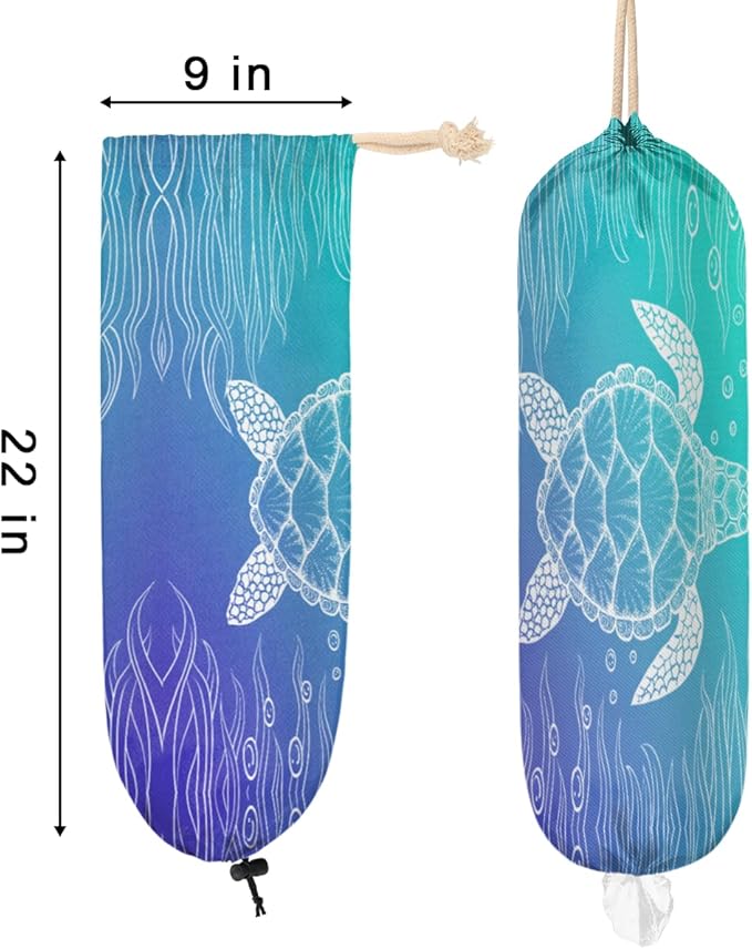 Summer Plastic Bag Holder Ocean Theme Sea Turtle Wall Mount Grocery Bag Holder Washable Plastic Bag Dispenser Garbage Bag Organizer for Home Kitchen Decor, Gifts for Women Mom Family Friends
