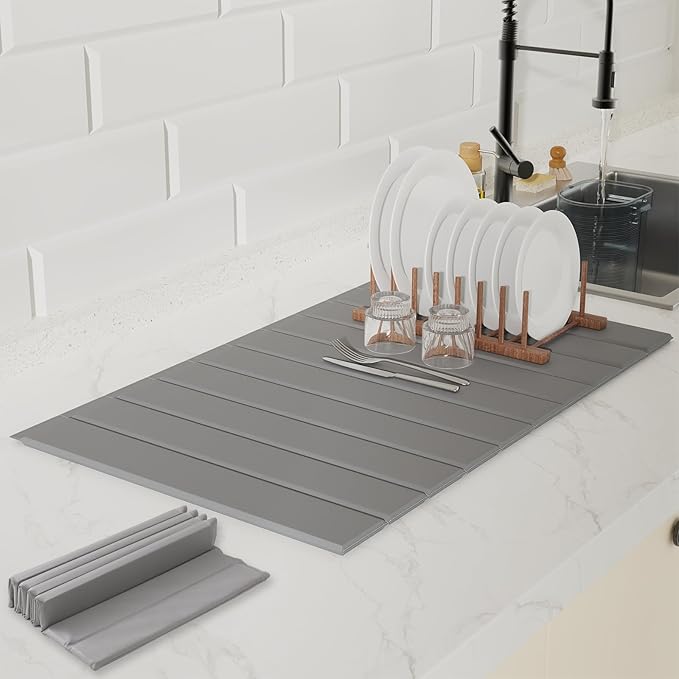 Dish Drying Mat，Stone Drying Mat for Kitchen Counter，Heat Resistant and Super Absorbent Foldable Bath mats,Made of Diatomaceous Earth and Leather.24.8"×15.7" Light Grey