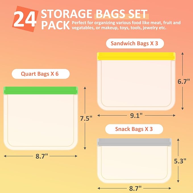 24 Pack Reusable PEVA Food Storage Bags Gallon Freezer Bags, Leak-proof Ziplock Bags for Meal Prep, Travel, Reusable Sandwich Bags for Home Organiz- 6 Gallon 6 Large 6 Quart 3 Sandwich 3 Snack Bags