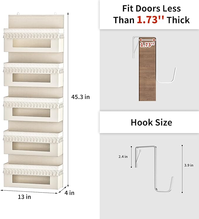 Aokeyee 5 Shelf Over The Door Organizer Nursery, Boho Closet Hanging Organizer Storage with Tassels and Clear Window, Behind The Door Storage for Baby Nursery, Bedroom, Bathroom, Laundry, Pantry